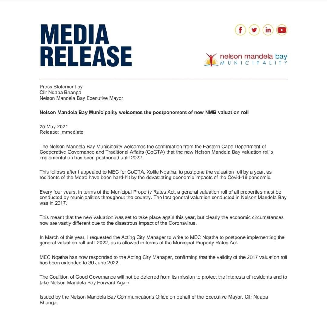 We welcome the postponement of new NMB valuation roll.