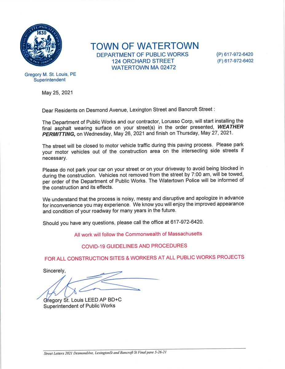 Residents of Desmond Ave, Lexington St, and Bancroft St, please read this Important Notice about road closures on May 26 and 27, 2021. <a href="/watertowngov/">City of Watertown, MA</a>