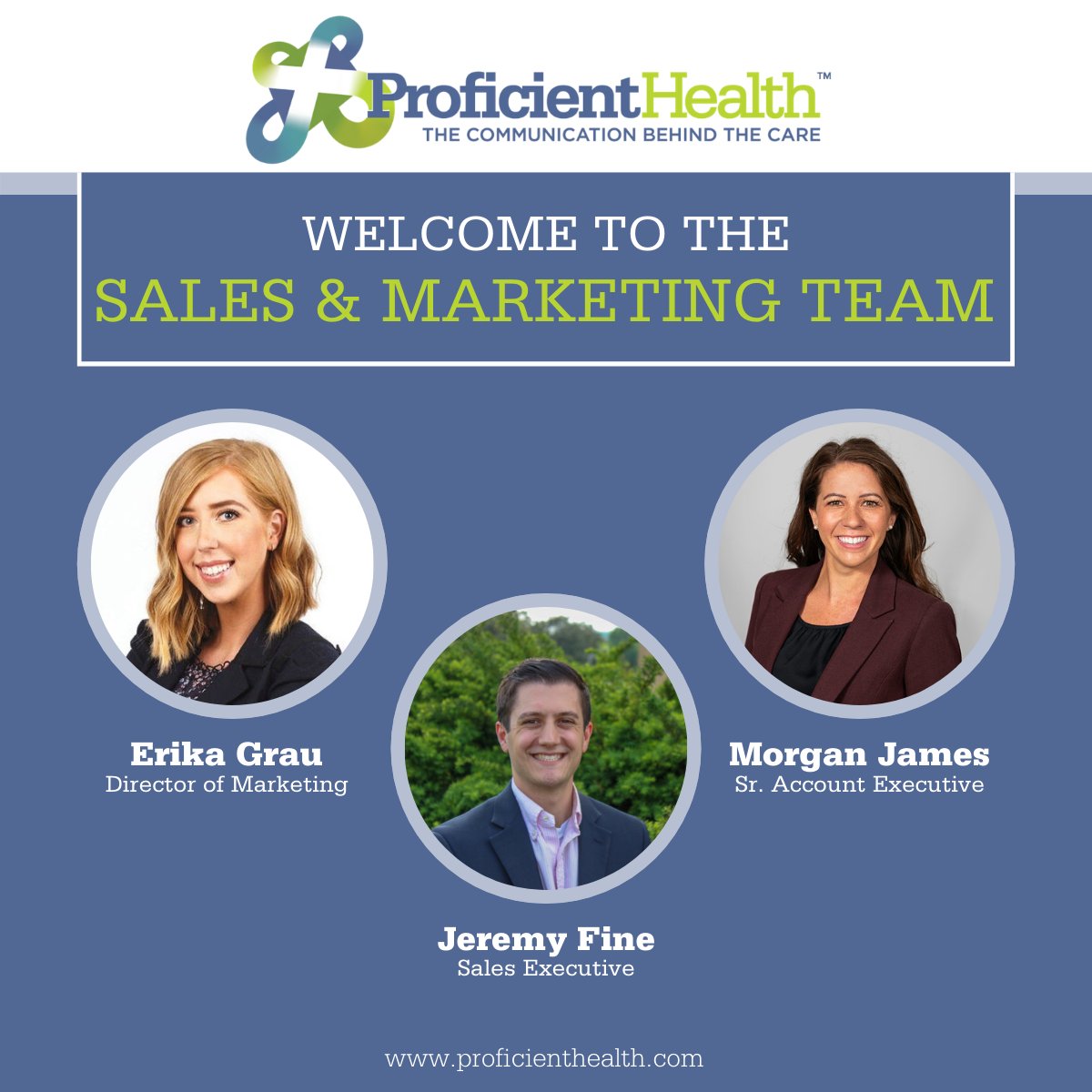 ProficientHTeam's tweet photo. Our team continues to grow! We are happy to welcome Morgan, Erika and Jeremy to Proficient Health! https://t.co/kbqcXsih4f