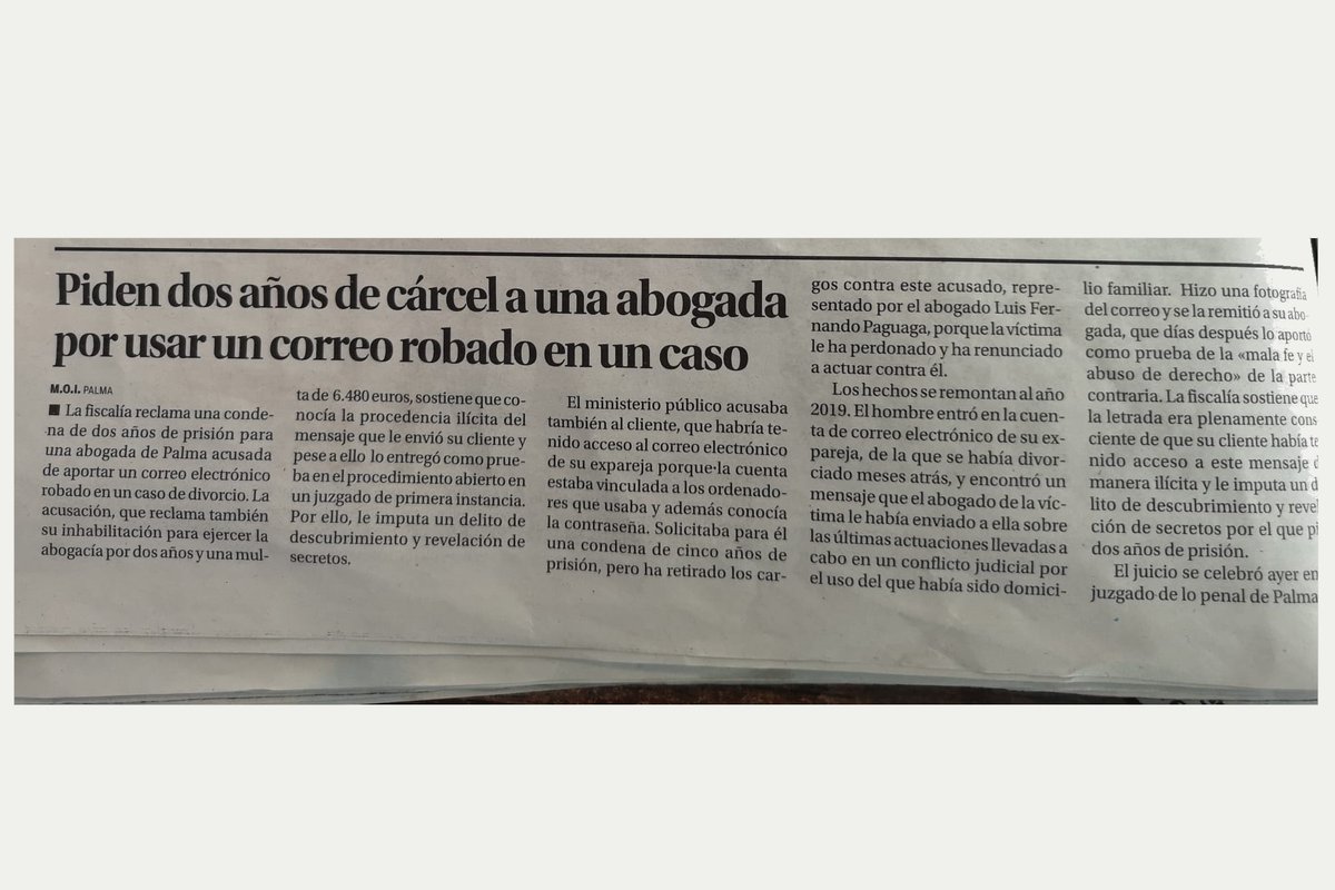 🔴Fiscalía pide cárcel para una abogada por usar un correo robado en un divorcio

-El cliente se lo pasó tras acceder al ordenador de su ex.

🔹Cuestiones como éstas se tratarán en #AeafaCentrales2021 por el magistrado Javier Pérez Martín.

✅Apúntate: congresoaeafa.es