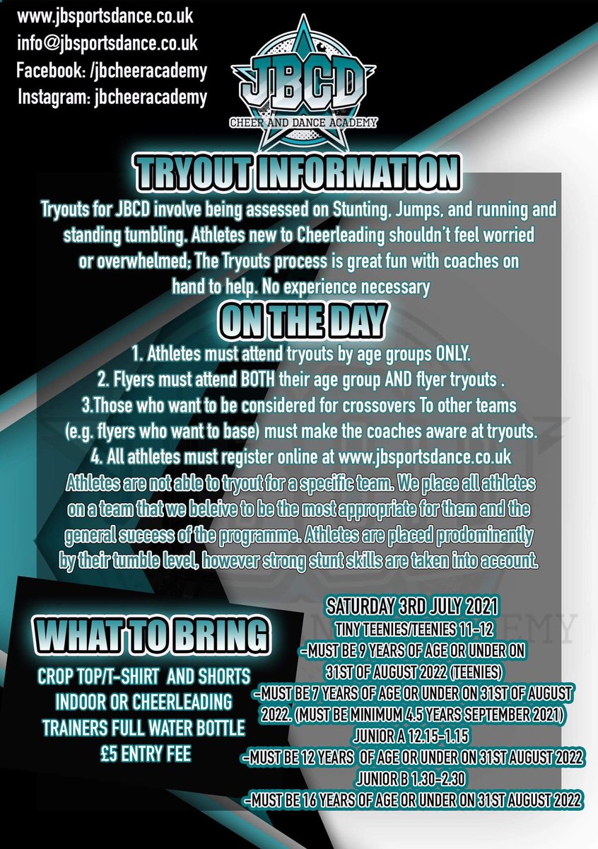 🔥JBCD Cheerleading Tryouts🔥
Season 3 Welcomes from ages 4.5 years! 
Based at The Academy,St Mary’s Sports College <a href="/smc_sport/">SMC Sport</a> <a href="/HL_Hull/">HealthyLifestylesHull</a> <a href="/HullActiveSch/">Hull Active Schools CIC</a>