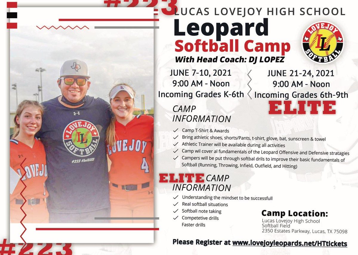 coachDJLopez's tweet photo. Sign up for a GREAT 4 FUN DAYS OF SOFTBALL: June 7-10th &amp; Elite Camp June 21st-24th All are WELCOME🥎💯 #Lp3sports #beHARD #223 
https://t.co/JdwuIoslGU https://t.co/87PK5foMyO