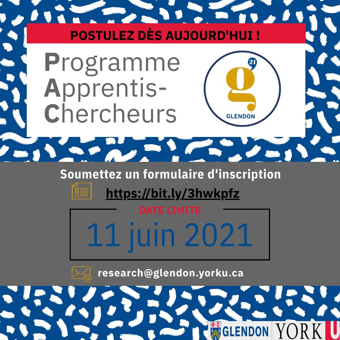 Vous intéressez-vous aux possibilités de recherche au-delà de la salle de classe? Cherchez-vous des mentors parmi le corps professoral de #Glendon? Pour en savoir plus sur le programme Apprentis chercheurs : bit.ly/3hwkpfz

Clôture des inscriptions le 11 juin.