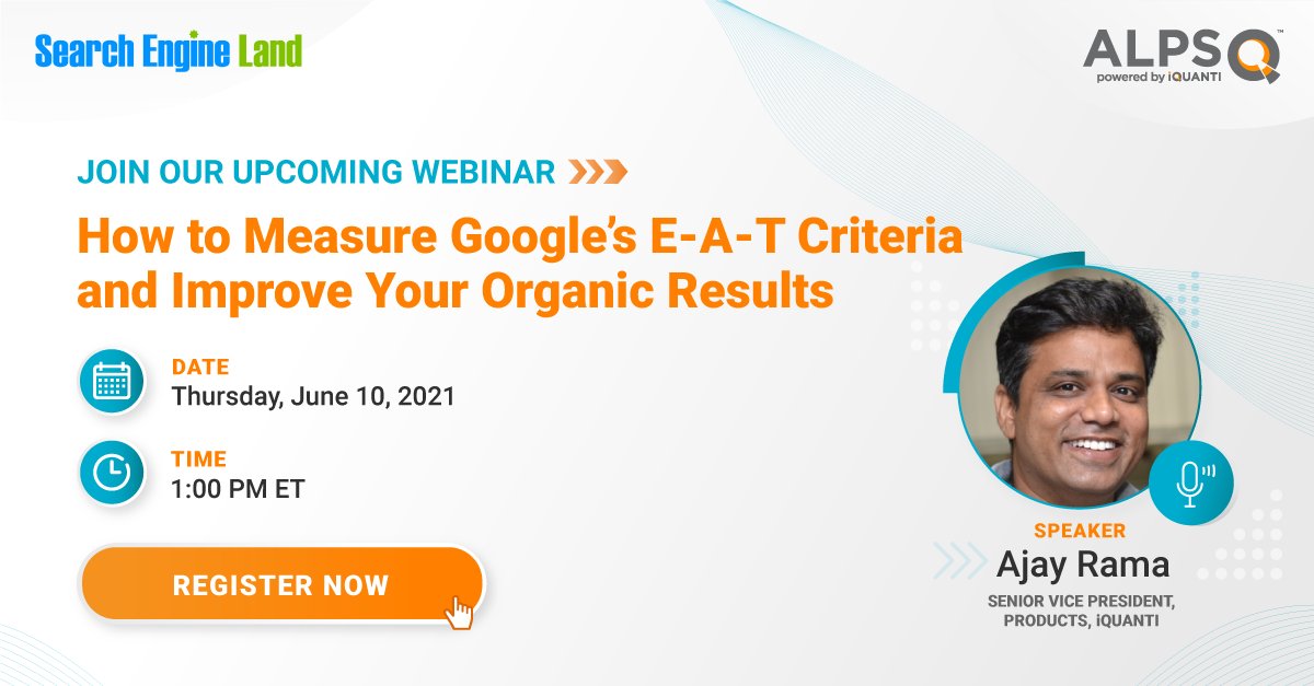 iQuanti's tweet photo. Interested in boosting your organic results? Join our webinar to learn about Google’s E-A-T (expertise, authority, and trustworthiness) criteria and how to measure it. Improve your results and create a better user experience today. Sign up now: https://t.co/4erBqgy4na https://t.co/tM489EhGGr