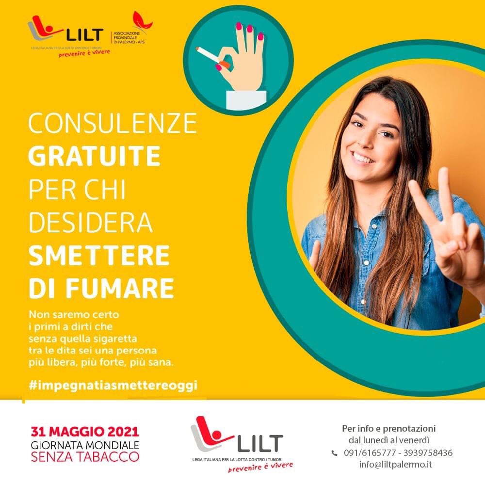 📍31 MAGGIO 2021
GIORNATA MONDIALE SENZA TABACCO 🚭
#LILTPALERMO apre le porte e offre delle consulenze gratuite per chi desidera smettere di fumare.
Per info e prenotazioni 
📞 091/6165777 - 3939758436
📧 info@liltpalermo.it

#salute #liltsicilia #news #lilt #palermo