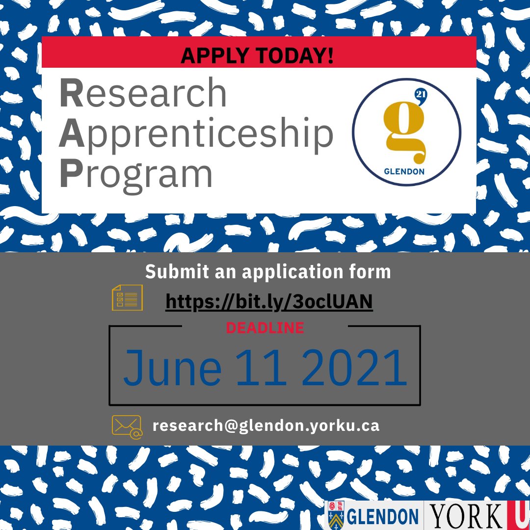 Have a passion you want to turn into a project? Seeking mentorship support from a #Glendon professor? Look no further than the Research Apprenticeship Program (RAP)! To learn more about the program and to apply, visit: bit.ly/3oclUAN

Application deadline is June 11.