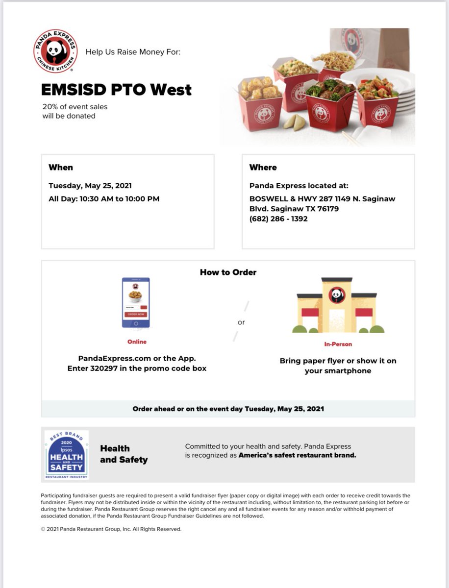 emsisdptowest's tweet photo. Donโt forget to eat at #pandaexpress Saginaw today and mention PTO West! ๐ #supportpto @ChisholmTrailHS @Watson_EMSISD @wildcats_wms @boswellhs @EdWillkie @creekviewpride @MarineCreekMS @EMSISD https://t.co/hk4WXazDv0