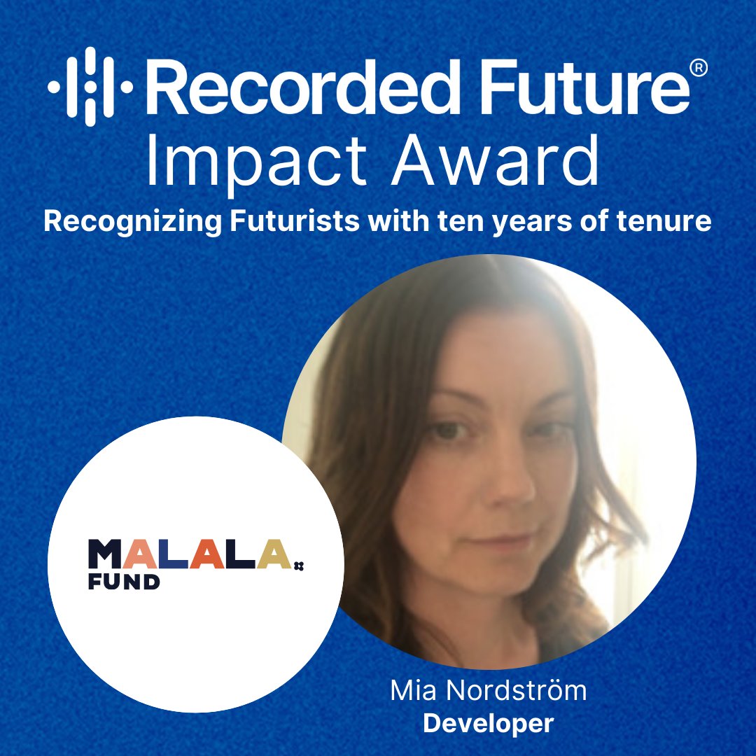 HelloFuturists's tweet photo. We are excited to announce another recipient of the Recorded Future Impact Award — Mia Nordström, Software Engineer. This award recognizes Futurists with 10 years of tenure as a Futurist! On behalf of each recipient, we will make a donation to a charity of their choice. https://t.co/dsthNv3vUS