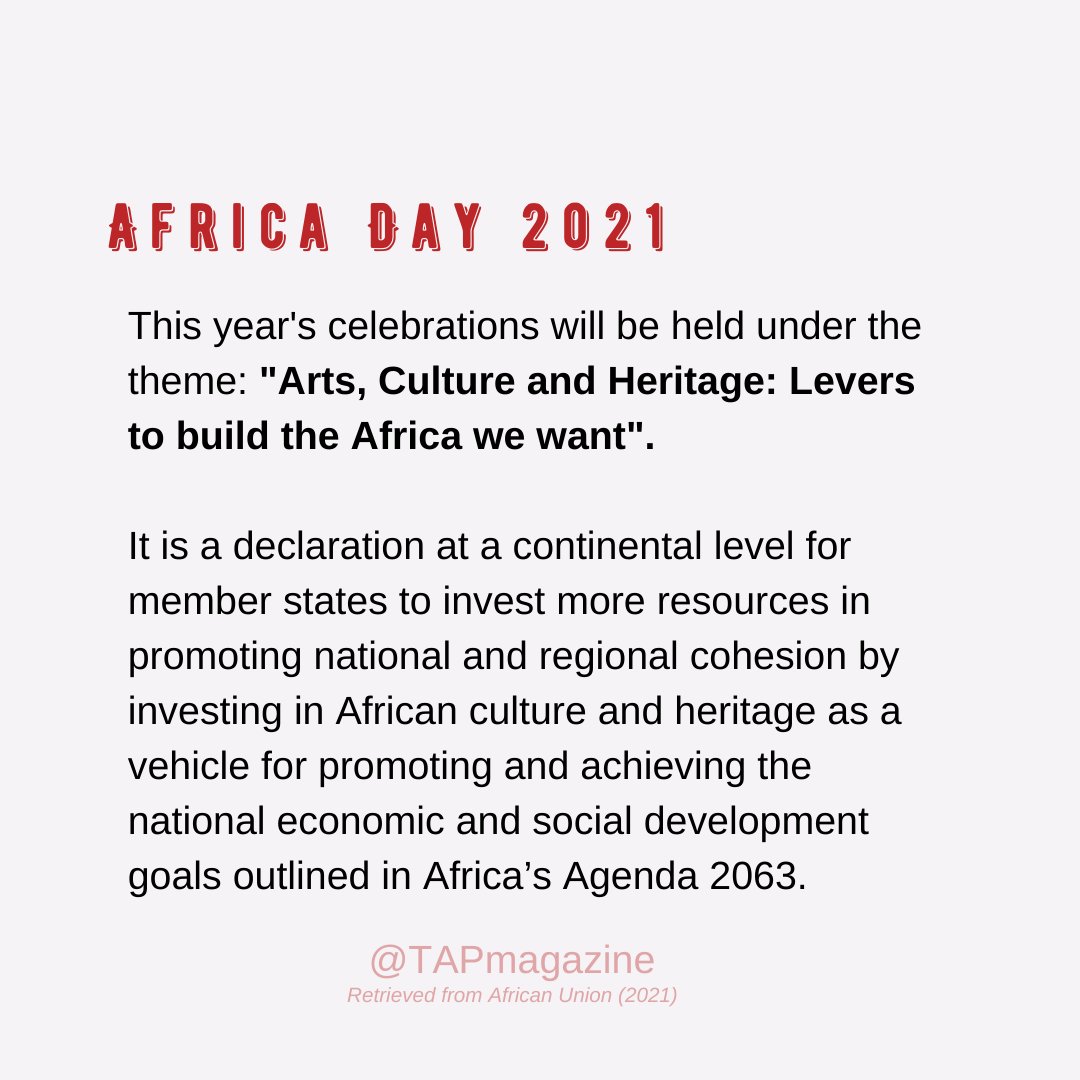 TAP_Magazine's tweet photo. HAPPY AFRICA DAY 🌍
Today is the annual commemoration of the foundation of African Unity on May 25th, 1963. It is an opportunity to appreciate and celebrate the continent's diverse culture, and heritage.  #happyafricaday #africaday #africanunion #TAPmagazine #TAPfam #africa2021 https://t.co/JvzoIQrZ66