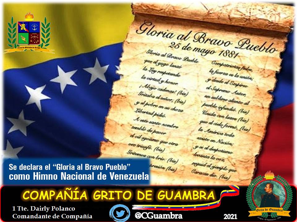 #EFEMÉRIDES #25May Hace 140 años el Pdte. Antonio Guzmán Blanco a través de un decreto consagró el 'Gloria al Bravo Pueblo' como el Himno Nacional de Venezuela, una canción con letra de Vicente Salias y música de Juan José Landaeta. #PalestinaLibre #ExcelenciaEducativaMilitar