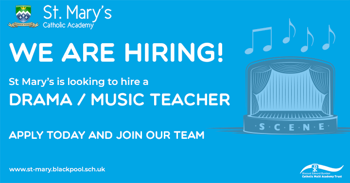 We are hiring! St Mary's is looking for a Drama/Music teacher to join our team. Our Academy believes all students should experience Drama and Music. Both subjects are taught at KS3, 4 and 5, with a musical and concerts every year. Come and join our team! st-mary.blackpool.sch.uk/index.php/curr…