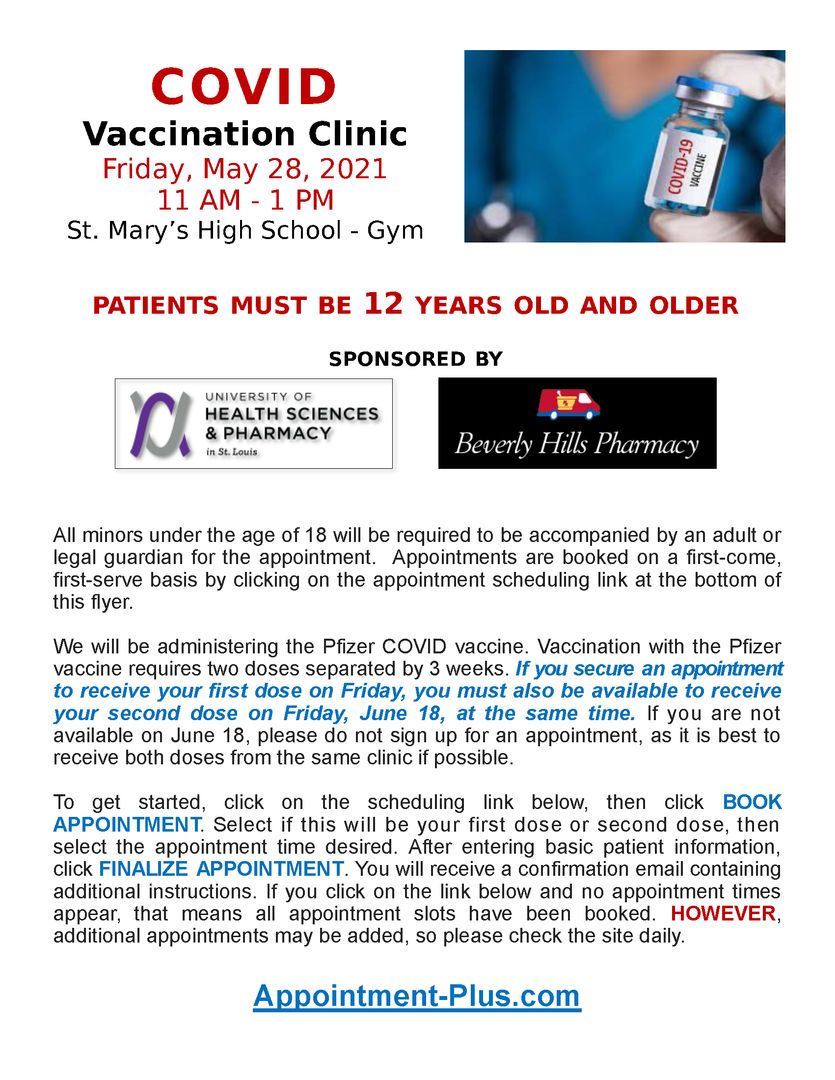 Get your vaccine at <a href="/StMarysDragons/">St. Mary's South Side Catholic High School</a> on Friday! Appointment required, book here: book-ch.appointment-plus.com/cthv2vq2/#/