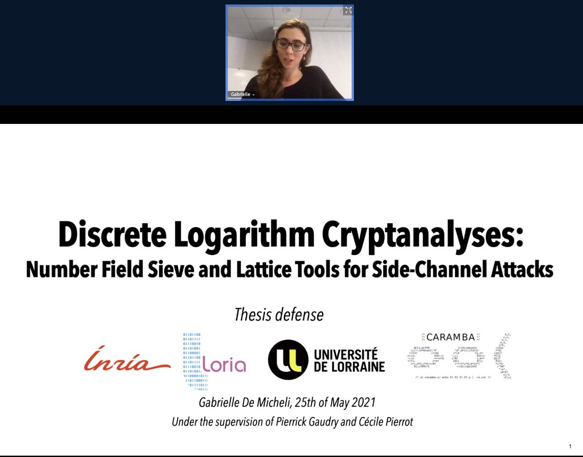 Inria_Nancy's tweet photo. #VisagesdInria 👏 Bravo à @GabrielleDeMic2, doctorante @Inria au sein de l'équipe @NancyCryptoTeam @labo_Loria, pour sa soutenance de thèse : “Cryptanalyses de #logarithmes #discrets : crible algébrique et réseaux pour attaques par canaux auxiliaires”. #sécurité #protocole https://t.co/PfCplBYewF