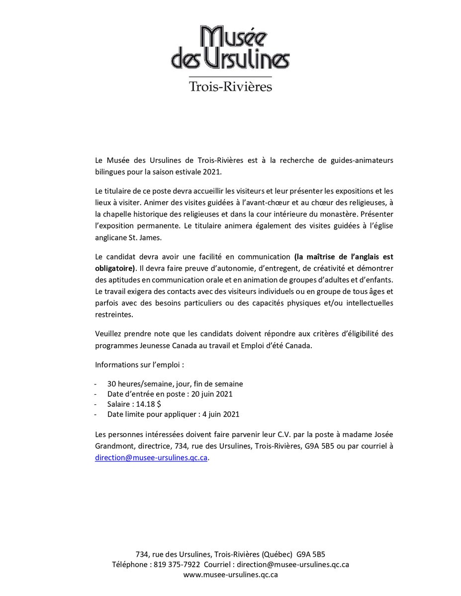 NOUS RECRUTONS ! 

Viens te joindre à l'équipe de guides extraordinaires du Musée des Ursulines de Trois-Rivières. 

Tous les détails ici. 👇