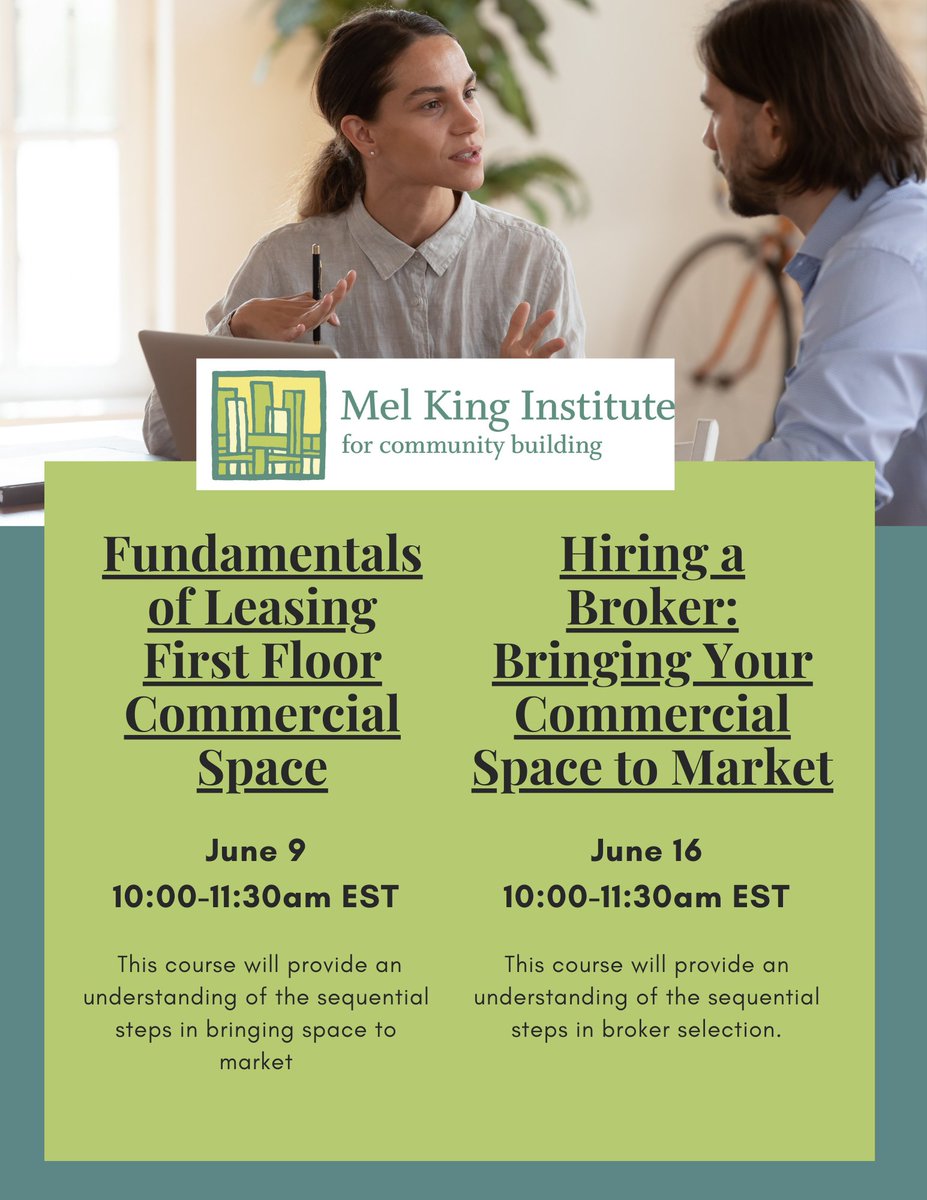 Check out these two first-ever MKI leasing real estate classes! Ideally tailored to those looking to lease first floor commercial spaces. Spots are limited, register today! melkinginstitute.org/event/6297