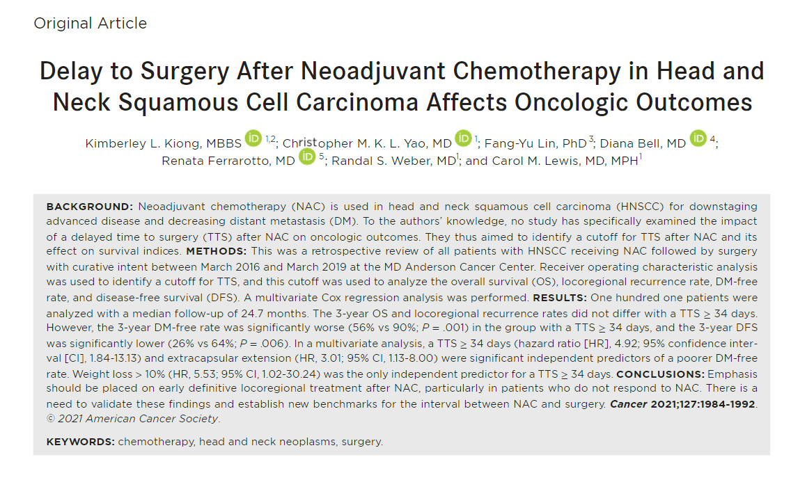 ACS Journal Cancer (@journalcancer) on Twitter photo Featured in our June 15 issue | This <a href="/MDAndersonNews/">MD Anderson Cancer Center</a> study indicates that delay to surgery after neoadjuvant chemotherapy in #HeadAndNeckCancer results in a higher distant metastases rate and poorer disease-free survival. acsjournals.onlinelibrary.wiley.com/doi/10.1002/cn… <a href="/YaoCMKL/">Christopher MKL Yao, MD. FRCSC</a> <a href="/MDAndersonNews/">MD Anderson Cancer Center</a> Featured in our June 15 issue | This <a href="/MDAndersonNews/">MD Anderson Cancer Center</a> study indicates that delay to surgery after neoadjuvant chemotherapy in #HeadAndNeckCancer results in a higher distant metastases rate and poorer disease-free survival. acsjournals.onlinelibrary.wiley.com/doi/10.1002/cn… <a href="/YaoCMKL/">Christopher MKL Yao, MD. FRCSC</a> <a href="/MDAndersonNews/">MD Anderson Cancer Center</a>