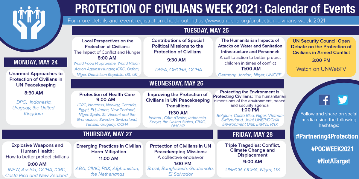 CivCenter's tweet photo. Today at 3pm EST is the #UNSC open debate on the Protection of Civilians in Armed Conflict. Watch live at https://t.co/MlDnAcBYDa 

For more #POCWeek2021 activities view the calendar of side events below, with more details at https://t.co/Gqivrm5ZKH

#Partnering4Protection https://t.co/15VgXalKZi