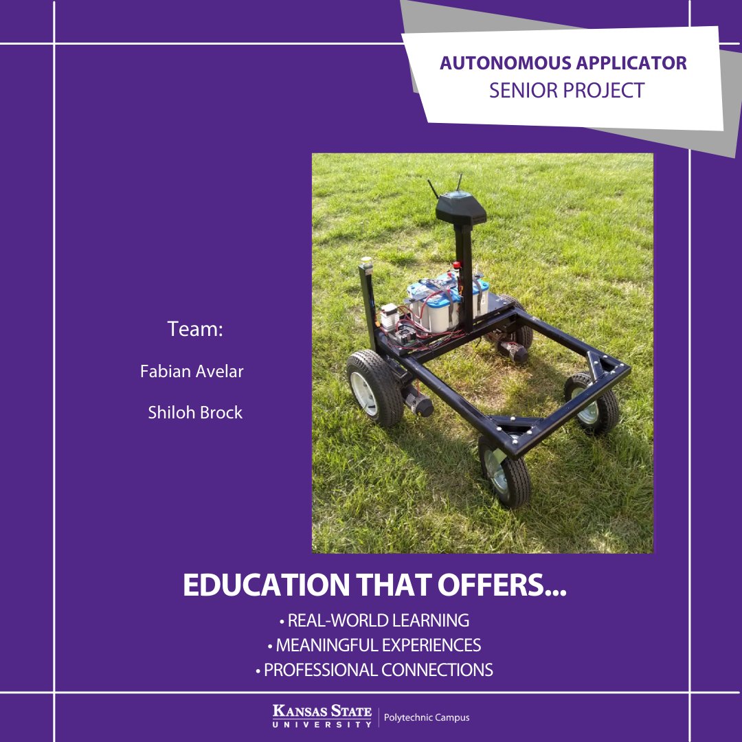KSU_Salina's tweet photo. Fabian Avelar and Shiloh Brock, class of 2021, completed their engineering technology senior project by working with Salina company Bergkamp, Inc. on an autonomous pavement applicator to apply asphaltic materials to roadways.

#KStatePolytechnic #ExperienceMatters https://t.co/19Gzgfz5Hk