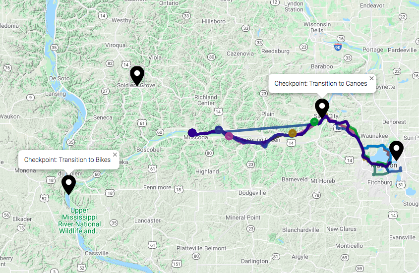 Are you following the Driftless 250 on Wayward? (say yes)
The teams are competing in a 7 day adventure: 2 transitions, camping, biking, kayaking...

Click on an individual to see photos of pineapples, frogs, eagles, and more.

See the map live at app.wayward.travel/event/q2ozdklm…