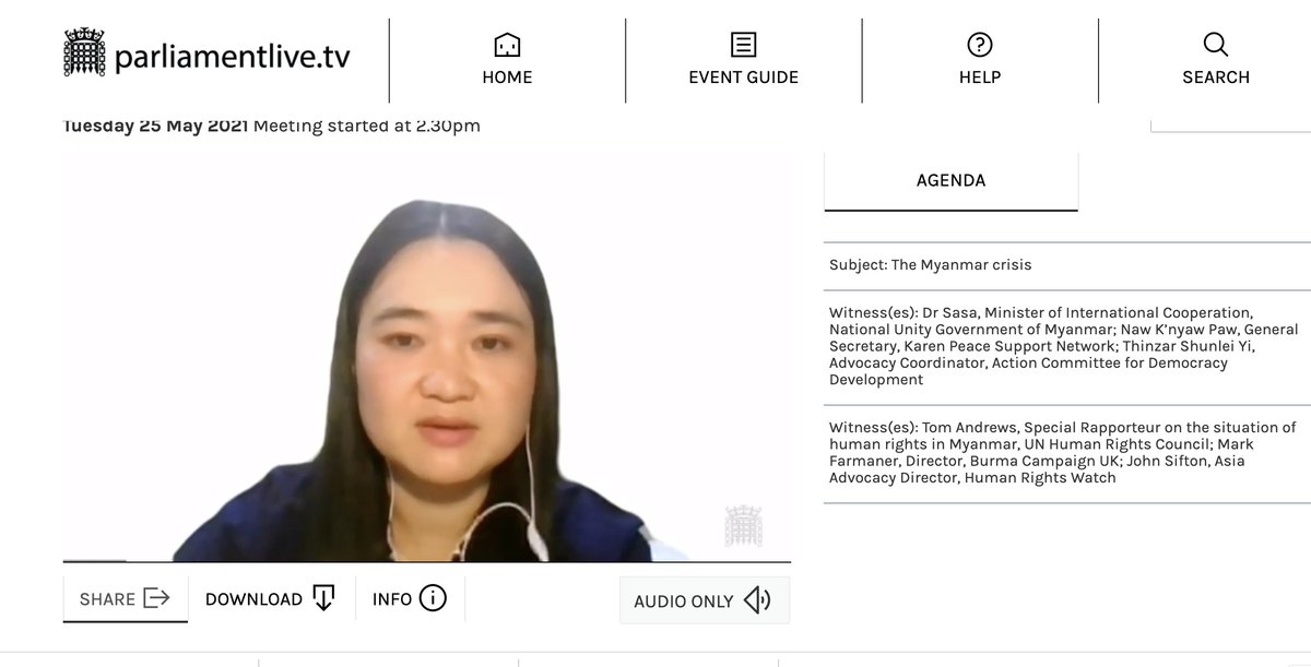 zoyaphan's tweet photo. Naw K'Nyaw Paw calls on the UK gov to hold the Burmese military accountable for their war crimes and crimes against humanity, to bring justice, prevent further crimes and end the suffering of the people. Watch Live here- https://t.co/MGq7uifGzu 
@NawKnyawPaw @karenwomenorg https://t.co/K3NUwr72GM