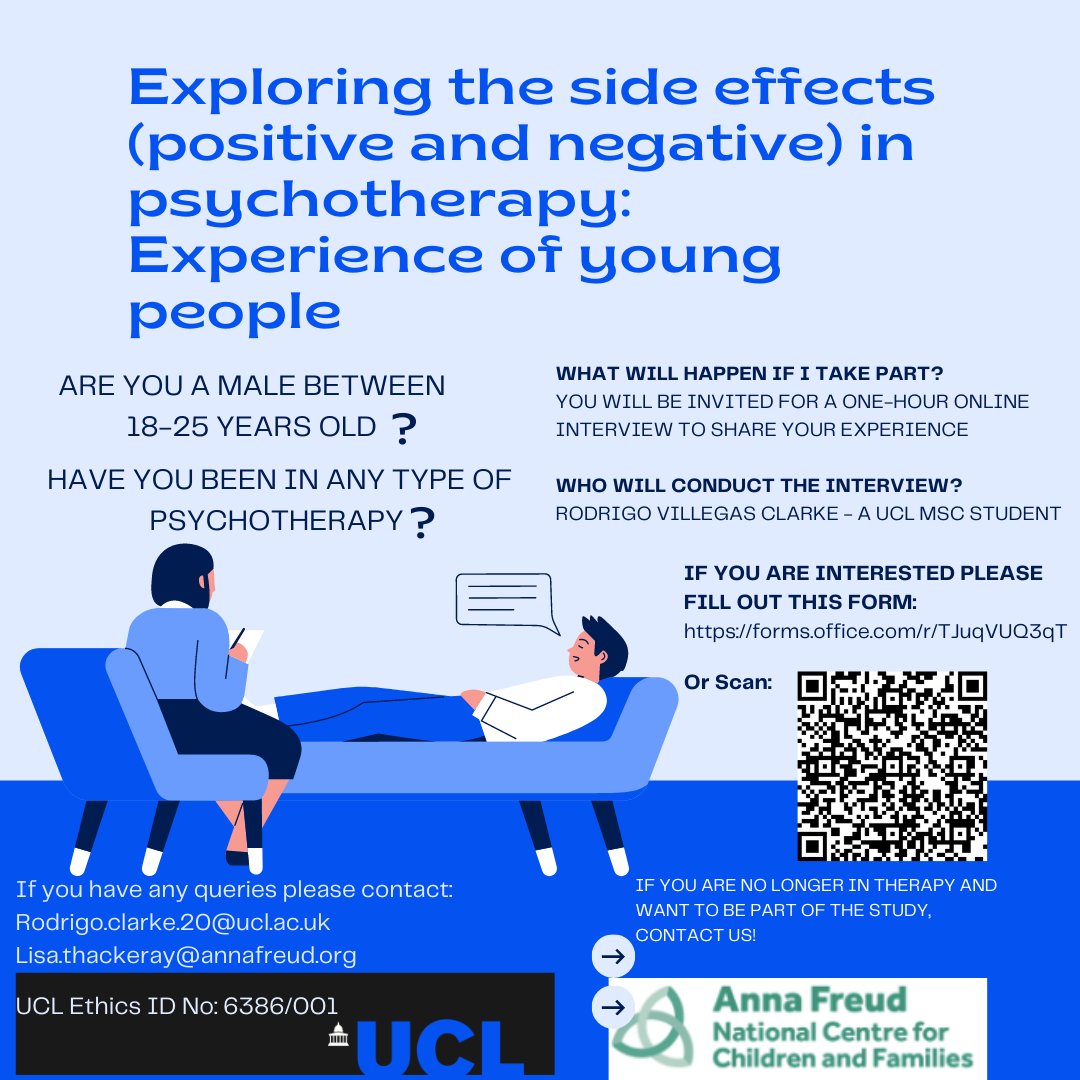 We are looking for young males between 18-25 who have had any type of talking therapy to participate in a study exploring positive and negative side effects. Interested? Please, fill this form! 
forms.office.com/r/TJuqVUQ3qT

<a href="/DanHayesPhD/">Daniel Hayes, PhD</a> <a href="/UCLBrainScience/">UCL Brain Sciences</a> <a href="/UCLPALS/">UCL Psych & Lang Sci</a> @AFNCCF <a href="/EBPUnit/">Evidence Based Practice Unit</a>