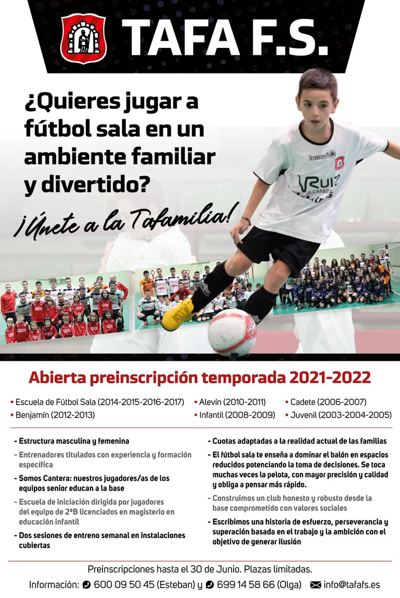 🙌🙌 ÚNETE A LA TAFAMILIA 🙌🙌
.
✔️ ¿Quieres jugar a fútbol sala en un ambiente familiar y divertido?
👇
👭👫¡Únete a la TAFAMILIA!👬👬
.
🗣️ ABIERTA PREINSCRIPCIÓN      TEMPORADA 2021-22
.
🚨INFO🚨
.