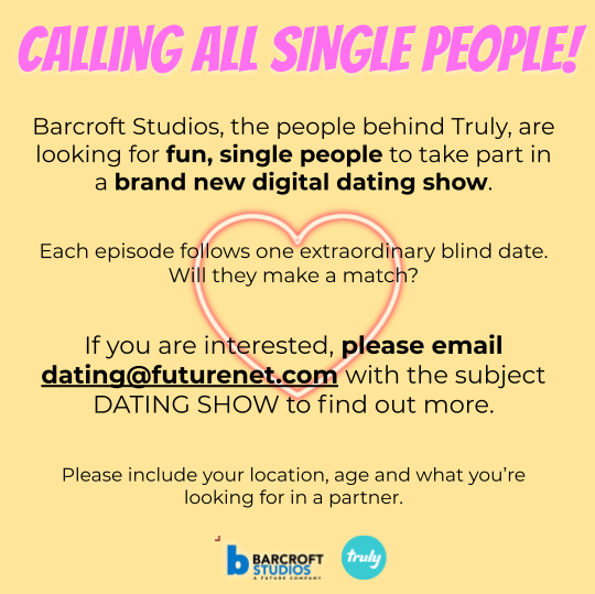 US CASTING CALL

Looking for fun single people to take part in a brand new digital-first dating show that sets extraordinary people up on blind dates.

Please email dating@futurenet.com with your age, location &amp; what you're looking for in a partner.

#LA #California #castingcall