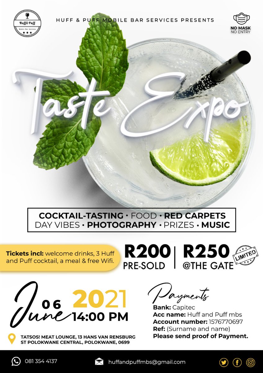 Makhudu_ZA's tweet photo. Don't forget 06 June we in Polokwane for the #TasteExpo with @huffandpuffmbs 🍸🍹 https://t.co/ZvnmBARotK