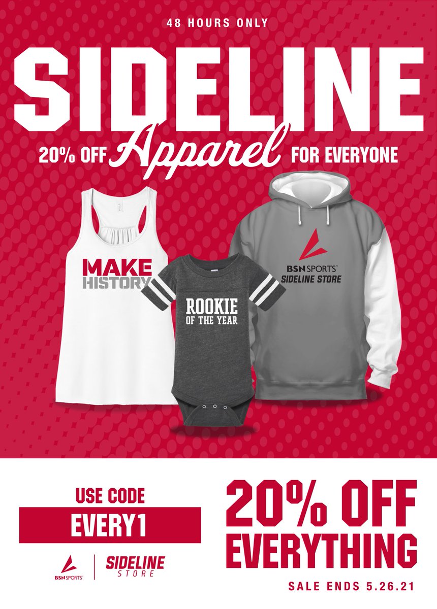 48 hours only!
Save on Sideline gear for EVERYONE! Check out our Sideline apparel for infants, toddlers, youth, men, women 😍

Use code EVERY1 at checkout &amp; save 20% off everything!

Shop now! sideline.bsnsports.com

#BSNSPORTS #SidelineStore #SpiritWear #FanWear #CustomGear