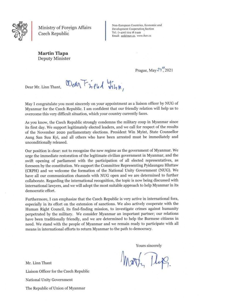YeKyaw007's tweet photo. Thank you, Czech Republic for your support to NUG and CRPH. Your stand on the truth and justice for the people of Myanmar means a lot. 
#WhatsHappeningInMyanmar 
#RejectMyanmarMilitaryCoup https://t.co/BUI9t8Xmz5