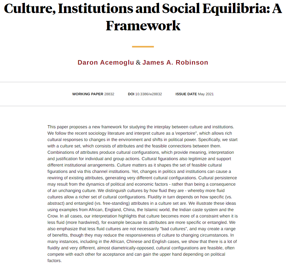 nberpubs's tweet photo. A new framework for studying the interplay between culture and institutions, from @DrDaronAcemoglu and James A. Robinson https://t.co/N27M3V4o9Q https://t.co/FPgrpqbkwc