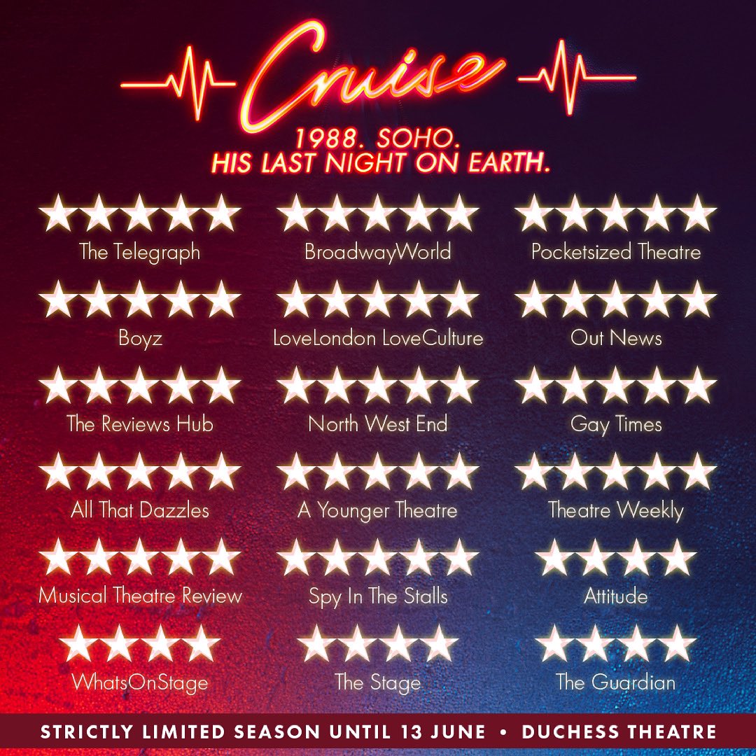 We've counted 17 (!) FIVE STAR reviews for @CruiseThePlay so far including @Telegraph @gaytimes and @BoyzMagazine and excellent 4 star reviews in @guardian, @theipaper and @AttitudeMag! There are just three weeks left to see @1JackHolden @JohnPatElliott in their element-book now!