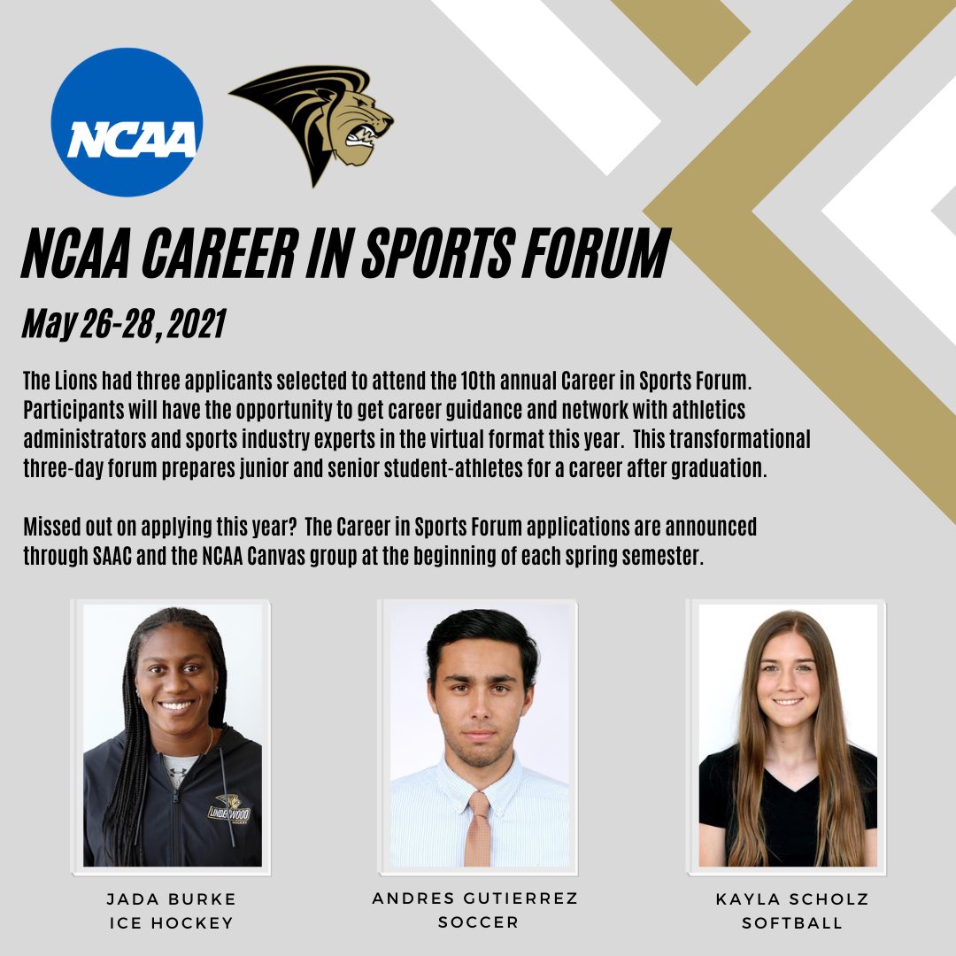 LindenwoodASC's tweet photo. HUGE congratulations to these 🦁🦁🦁 on being selected to represent at the 2021 NCAA Career in Sports Forum this week!! #NCAALearnLead #RealExperienceRealSuccess https://t.co/DBKe4df3zX