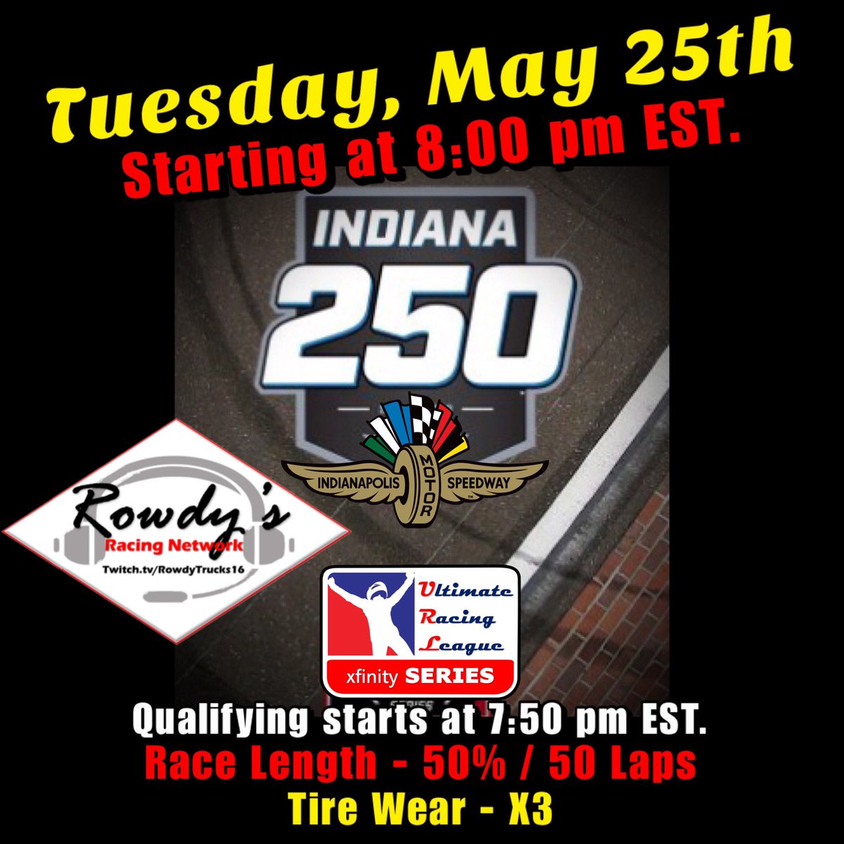 URL2019's tweet photo. It’s Race day for the #URLxfinitySeries drivers! Tonight they’ll take on the virtual @IMS to kick off our #URLIndyWeek! Who will grab the next win at this crown jewel?! Tune in! The one and only @RowdyTrucks is up in the booth and it’s #RowdyTuesday!
📺: https://t.co/toKOBXTHuK https://t.co/HgSH4RHkhw