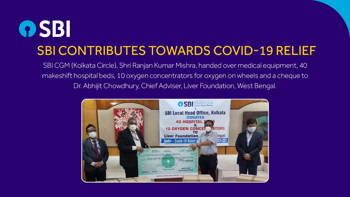SBI in Kolkata recently contributed 10 oxygen concentrators, medical equipment and funds to Liver Foundation in West Bengal. We promise to serve our nation in this battle against COVID-19. 

#SBIAapkeSaath #Unite2FightCorona #StayStrongIndia #TeamSBI #ProudSBI #COVID19