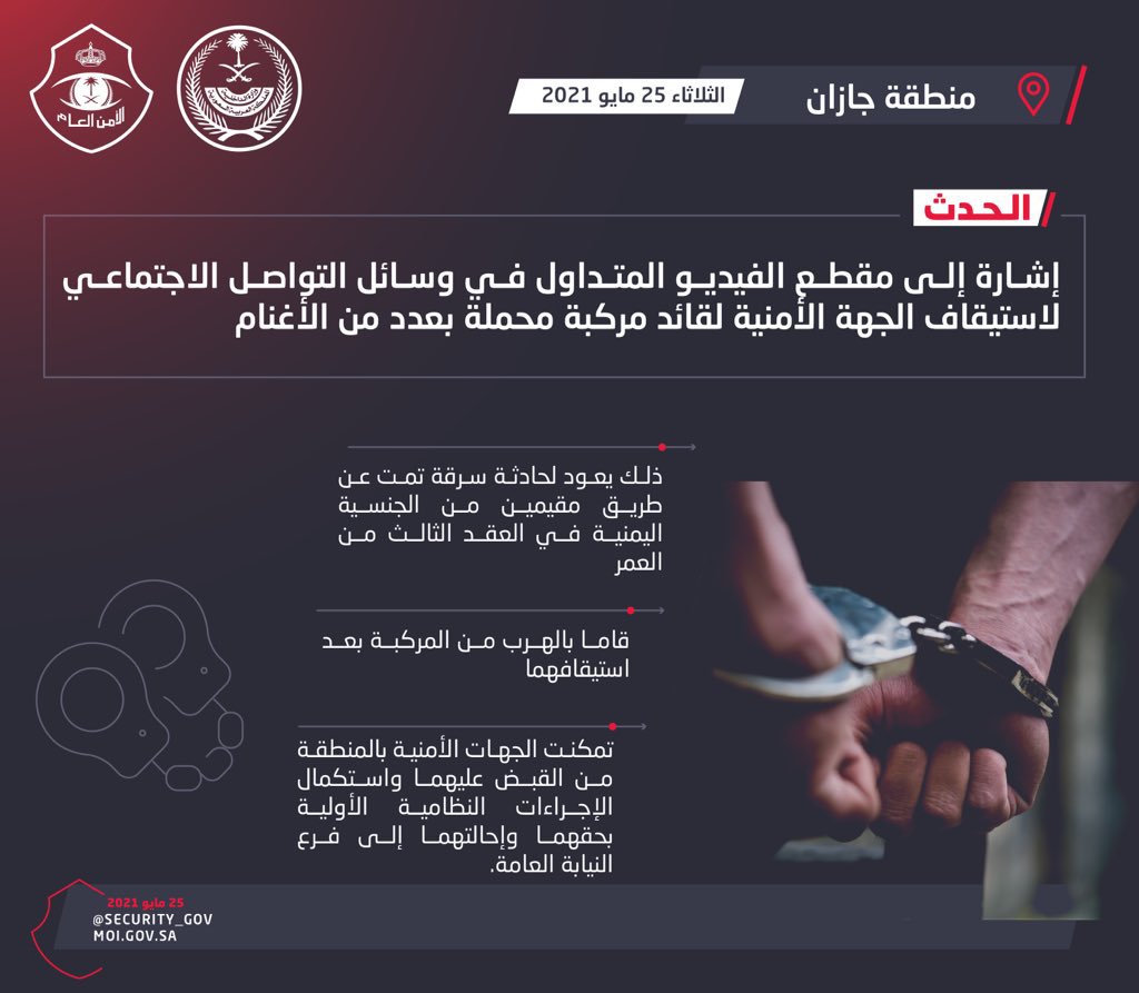قوات الأمن في #جازان توقف مقيمين من الجنسية اليمنية تورطوا في سرقة الأغنام.

.
.