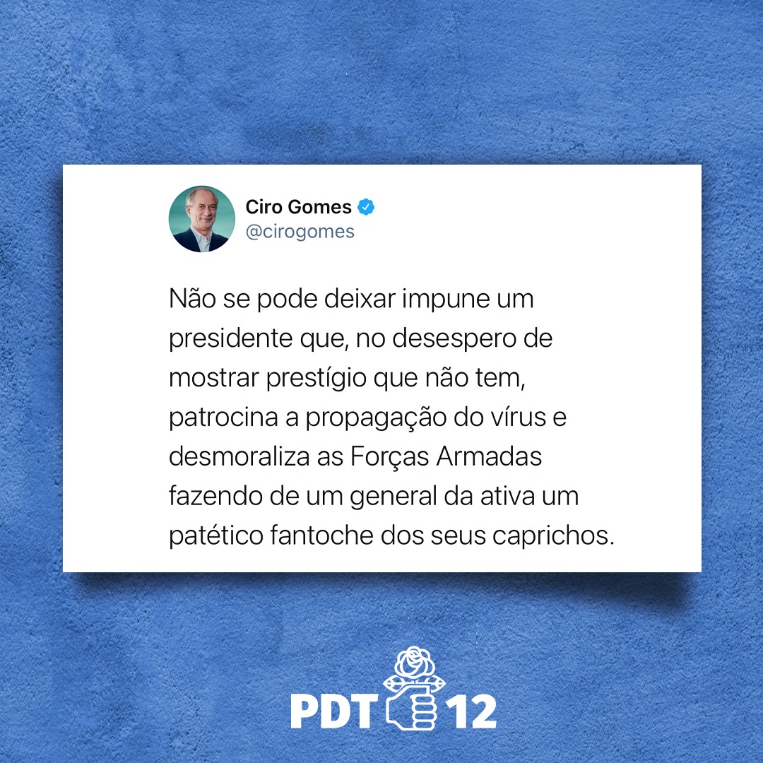PDTRS's tweet photo. Ciro Gomes está cobrando que a lei, o Estatuto dos Militares e o Regulamento Disciplinar do Exército sejam respeitados! #pdtactics https://t.co/tmrYPiQCxd
