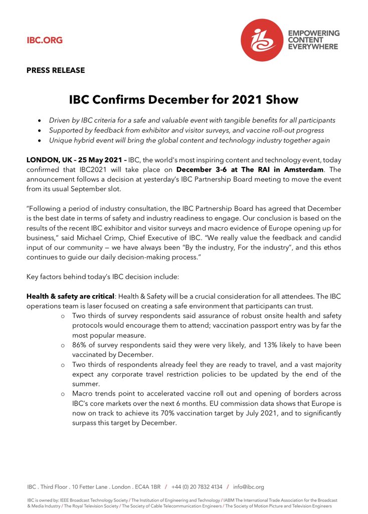 RedSharkNews's tweet image. IBC moves 2021 event back to December 3rd - 6th. Surprised? No, neither are we: