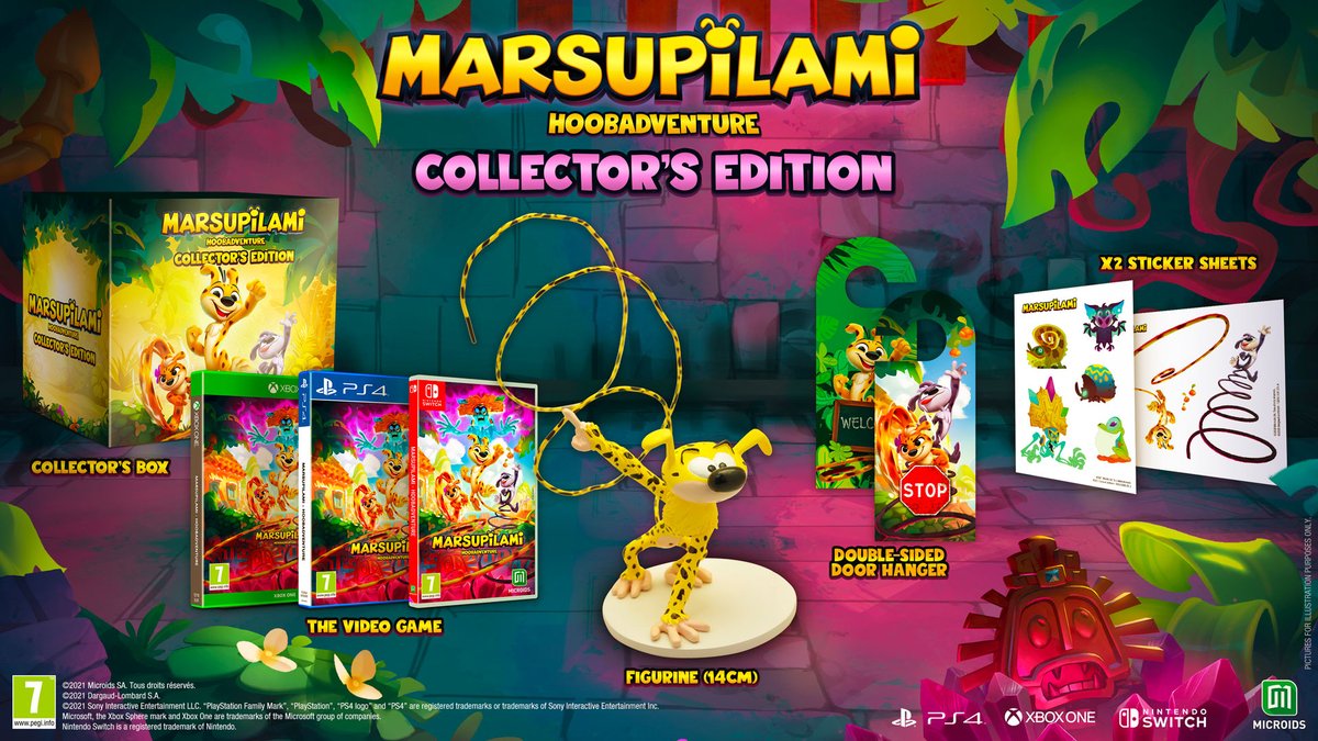Marsupilami: Hoobadventure! Will be available in the following editions:
▫ Tropical Edition with the game, 2 sticker sheets and one door hanger.
▫ Collector’s Edition with the game, 2 sticker sheets, one door hanger and a 14cm Marsupilami figurine.