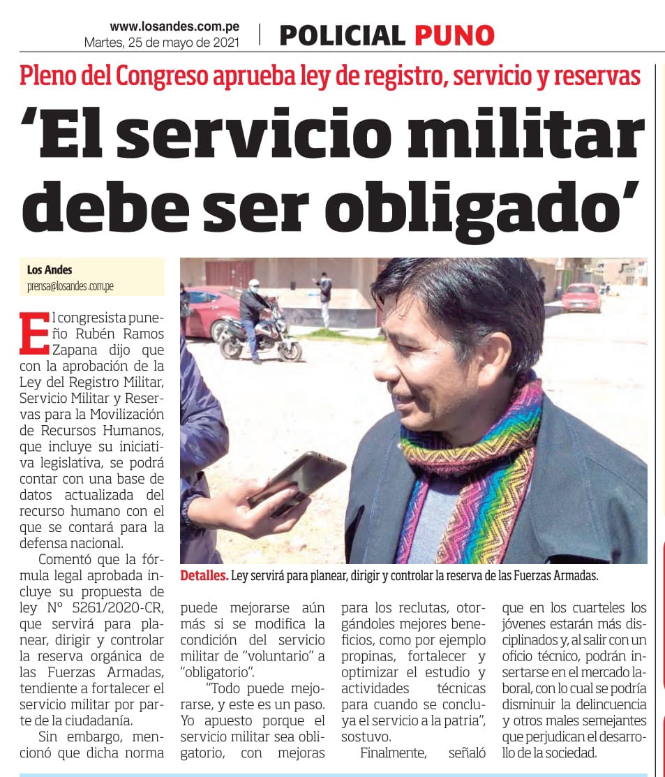 RubenRamos_Z's tweet photo. Diario Los Andes de #Puno (@andes_diario) informa respecto de la aprobación en el Congreso de la Ley del Servicio Militar que incluye mi #PL sobre el particular. Comparto publicación.

@congresoperu @pcmperu @presidenciaperu @ORLANDOARAPA @MARAISABELBART1 @AliMamani10 @MirtyVas https://t.co/gupquCfmEE