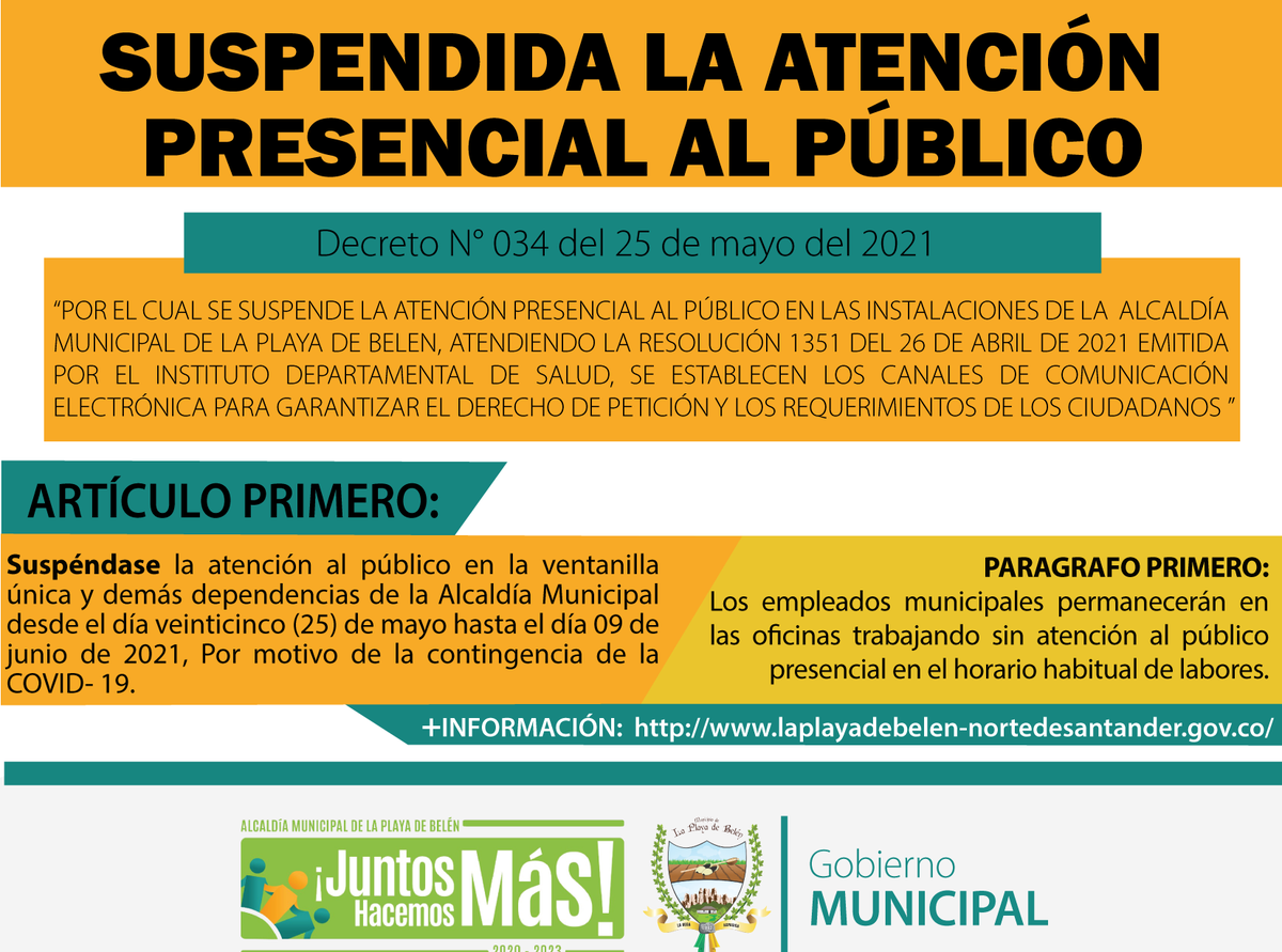 AlcLaPlaya's tweet photo. Socialización Decreto N° 034 del 25 de mayo de 2021
La Alcaldía Municipal de La Playa de Belén en cabeza del Alcalde Íder Álvarez García da a conocer el decreto N° 034 del 25 de mayo de 2021 Por el cual se suspende la atención presencial al público.
+Info: https://t.co/d3tkD58Vv2 https://t.co/DKQ3AKcqsd