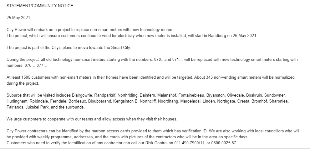 CityPowerJhb's tweet image. NOTICE

#SmartMeterRollOut

City Power will embark on a project to replace non-smart meters with new technology meters, will start in Randburg on 26 May 2021.👇 👇 👇^DR
