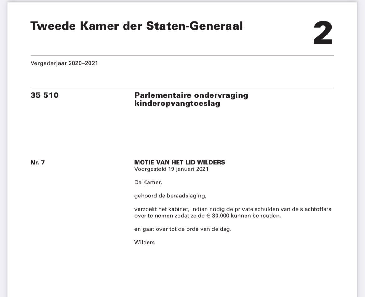 geertwilderspvv's tweet photo. Mooi. Kabinet voert mijn aangenomen motie uit om private schulden slachtoffers #kinderopvangtoeslag over te nemen. https://t.co/Wq2xxG30qx