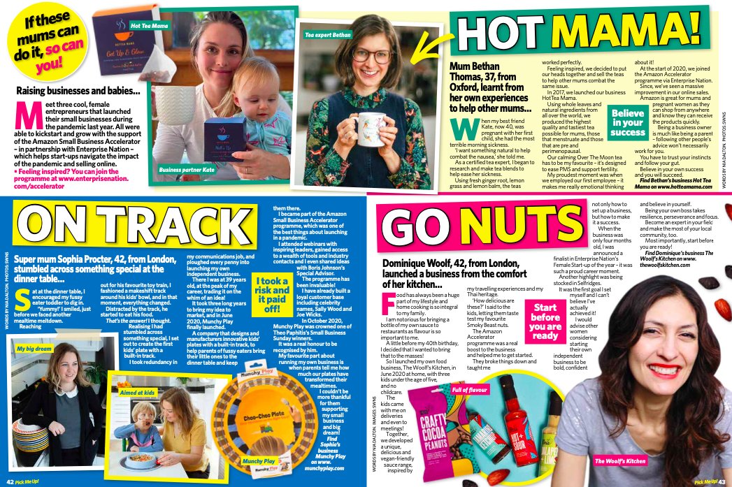 Love this feature we placed for @munchyplay, <a href="/woolfskitchen/">Dominique Woolf</a>, and <a href="/HotTea_Mama/">HotTea Mama</a> in this month's Pick Me Up, where these inspirational female founders discuss how they started and grew their businesses.
#femalefounders #business #SME