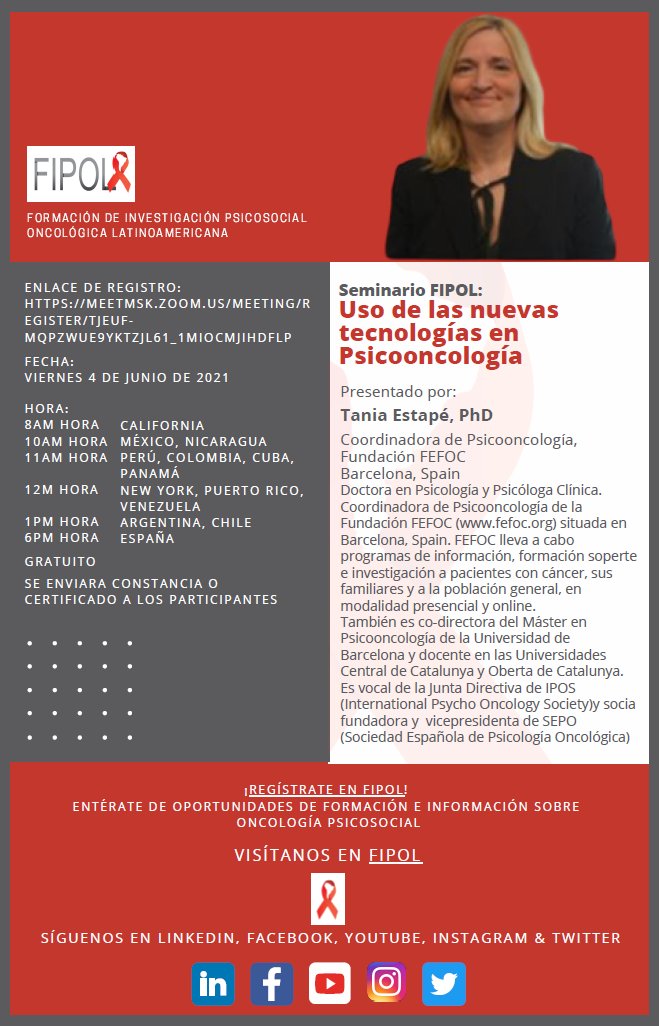 PSICOONCOLOGIA1's tweet photo. El Servicio de Psicooncología INCan y el grupo FIPOL los invitan al Seminario FIPOL
Uso de las nuevas tecnologías en Psicooncología Presentado por: Tania Estapé, PhD
ENLACE DE REGISTRO: https://t.co/nWJ5c1FUqK 
Evento gratuito - FECHA: VIERNES 4 DE JUNIO DEL 2021
¡Los esperamos! https://t.co/HoVGeT9Kur