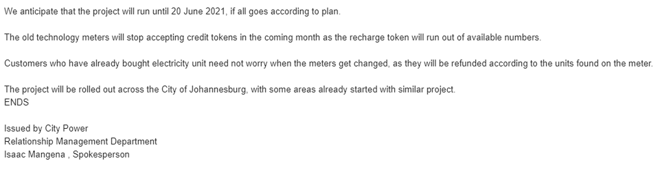 CityPowerJhb's tweet image. NOTICE

#SmartMeterRollOut

City Power will embark on a project to replace non-smart meters with new technology meters, will start in Randburg on 26 May 2021.👇 👇 👇^DR