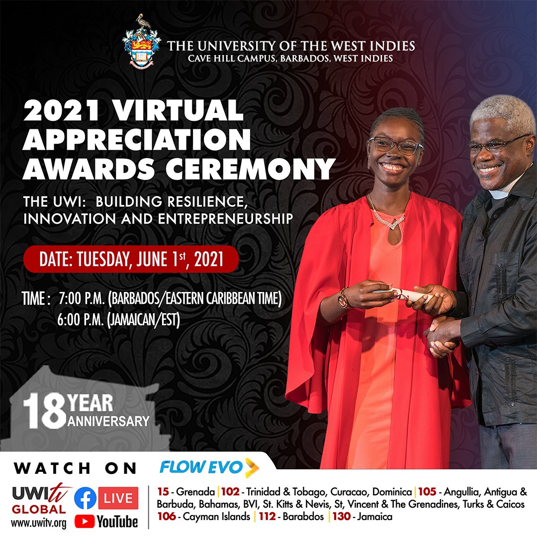 Tune in to The UWI Cave Hill's 2021 Virtual Appreciation Awards Ceremony on Tuesday, June 1, 2021 at 7:00 p.m. Eastern Caribbean or 6:00 p.m. EST/Jamaica time. 

To learn more about the event visit: cavehill.uwi.edu/News-Events/Ev…

#UWIPride #PelicanPride #UWICavehill #uwifuturestars