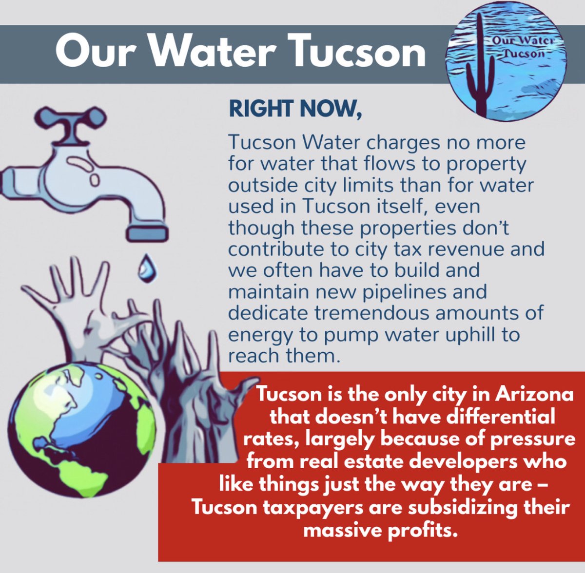 OurWaterTucson's tweet photo. If you believe it's time for Tucson to stand up to real estate developers, rein in sprawl, cancel water debt for 15,000 families hit hard by the pandemic, lower bills for low income families, and invest in climate resiliency, PLEASE SPEAK at the public hearing on June 8th. (1/3) https://t.co/xo8Bcus6nN
