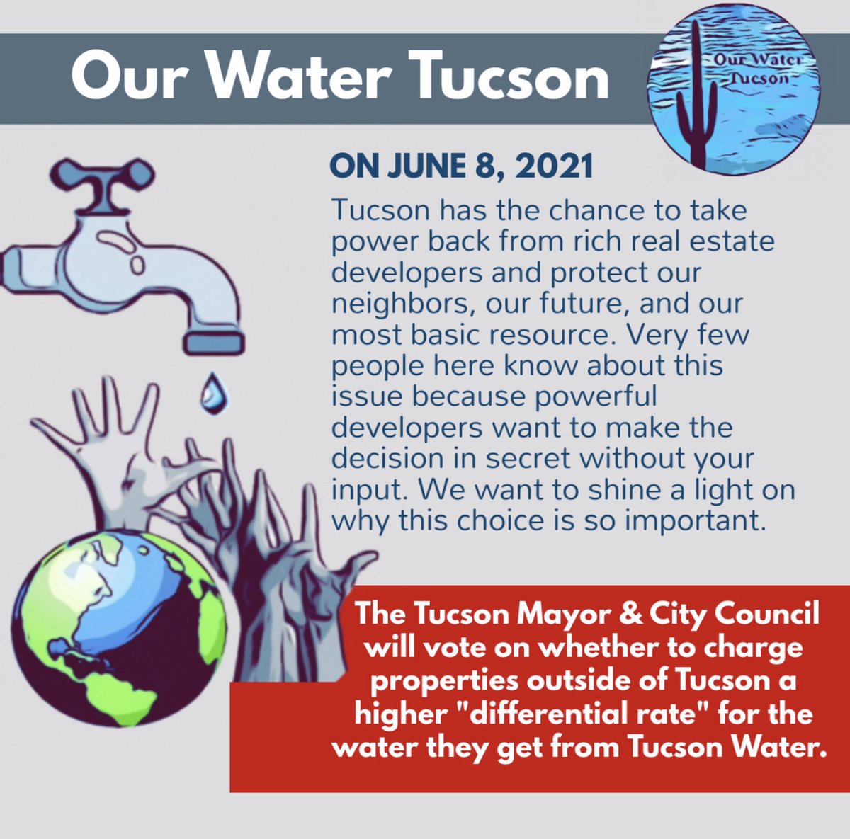 OurWaterTucson's tweet photo. If you believe it's time for Tucson to stand up to real estate developers, rein in sprawl, cancel water debt for 15,000 families hit hard by the pandemic, lower bills for low income families, and invest in climate resiliency, PLEASE SPEAK at the public hearing on June 8th. (1/3) https://t.co/xo8Bcus6nN