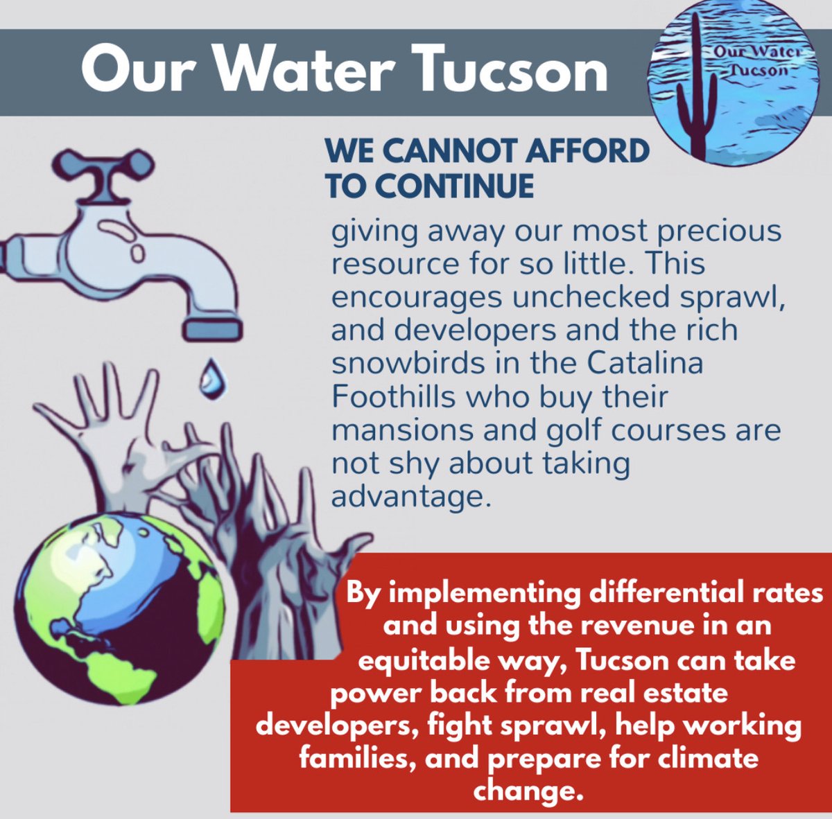 OurWaterTucson's tweet photo. If you believe it's time for Tucson to stand up to real estate developers, rein in sprawl, cancel water debt for 15,000 families hit hard by the pandemic, lower bills for low income families, and invest in climate resiliency, PLEASE SPEAK at the public hearing on June 8th. (1/3) https://t.co/xo8Bcus6nN